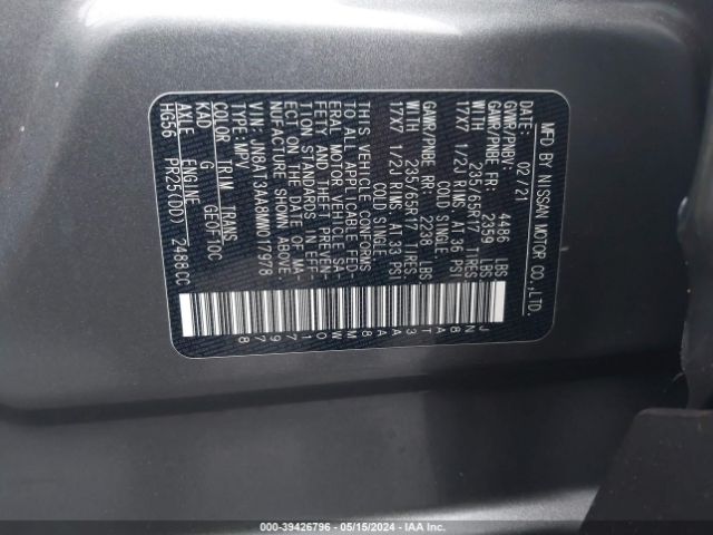 JN8AT3AA8MW017978 Nissan Rogue S Fwd