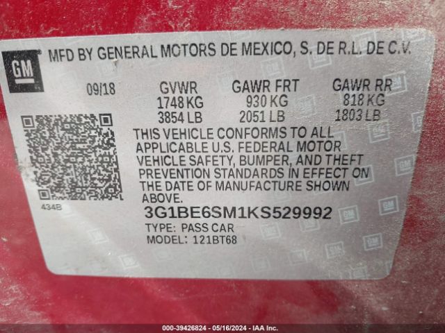 3G1BE6SM1KS529992 Chevrolet CRUZE LT