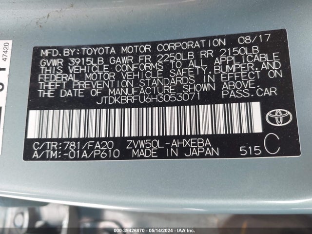 Toyota Prius Two 2017 JTDKBRFU6H3053071 Image 9