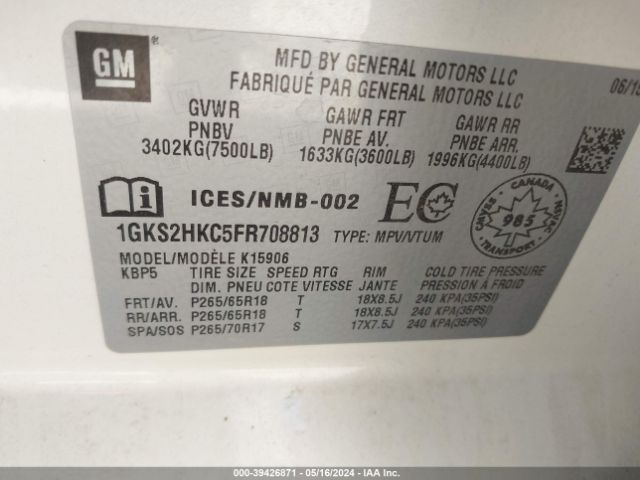 1GKS2HKC5FR708813 GMC Yukon Xl 1500 Slt