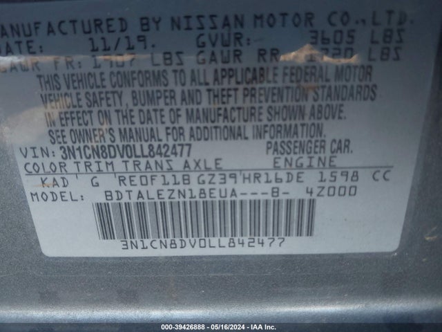 Nissan Versa S Xtronic Cvt 2020 3N1CN8DV0LL842477 Image 9