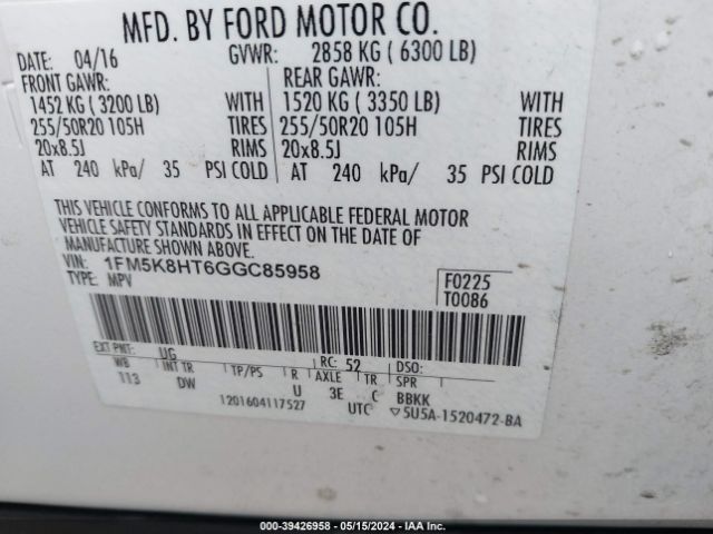 1FM5K8HT6GGC85958 Ford Explorer Platinum