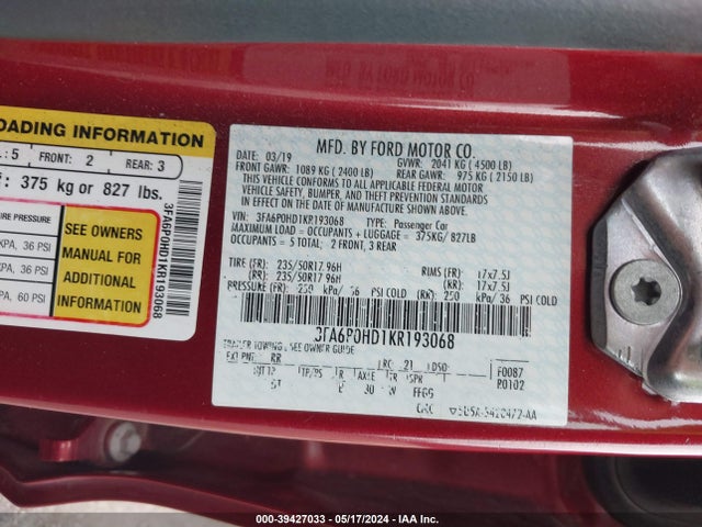 Ford FUSION SE 2019 3FA6P0HD1KR193068 Image 9