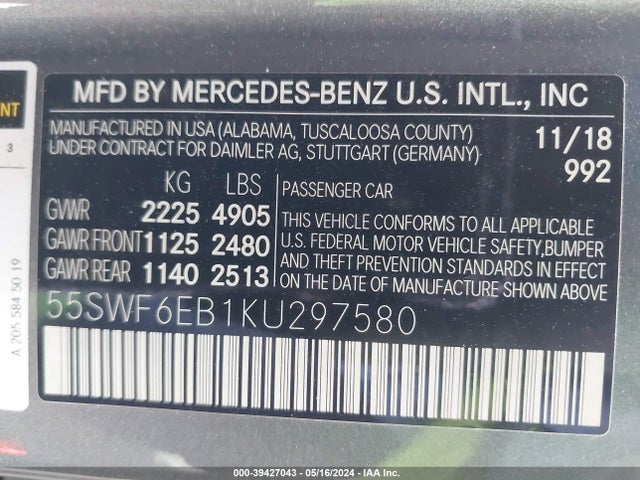 55SWF6EB1KU297580 Mercedes-Benz Amg C 43 4matic