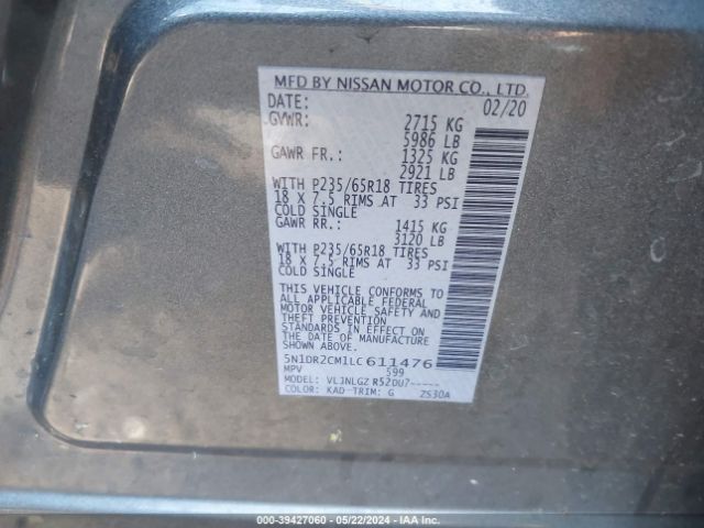 5N1DR2CM1LC611476 Nissan Pathfinder Sl 4wd