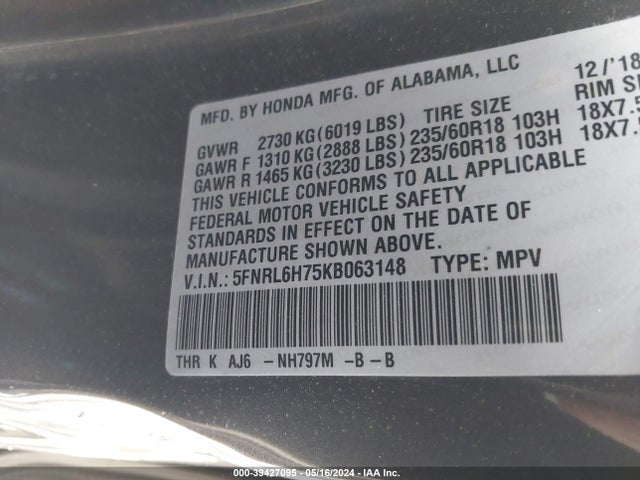 Honda Odyssey Ex-l 2019 5FNRL6H75KB063148 Image 9