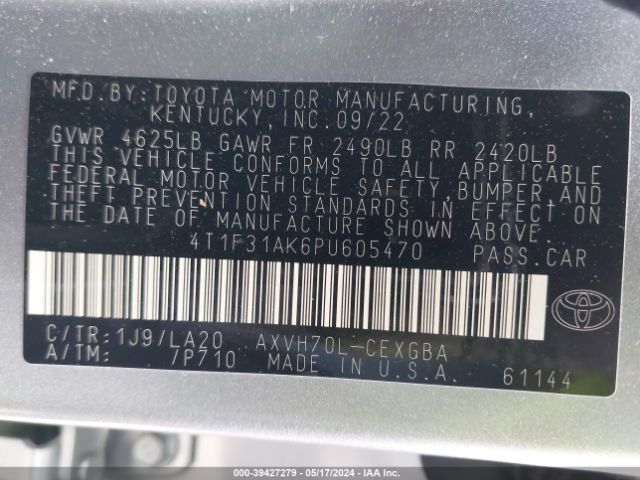 4T1F31AK6PU605470 Toyota Camry Xle Hybrid