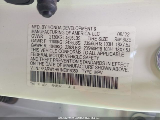 7FARW1H51NE016359 Honda Cr-v 2wd Ex