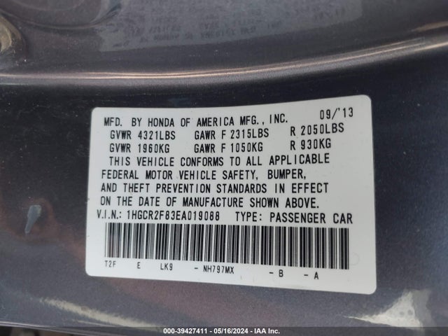 Honda Accord Ex-l 2014 1HGCR2F83EA019088 Image 9