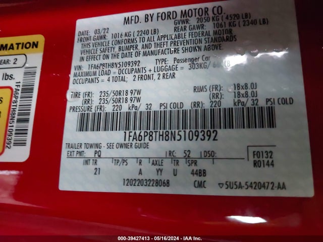 Ford Mustang Ecoboost Fastback 2022 1FA6P8TH8N5109392 Image 9