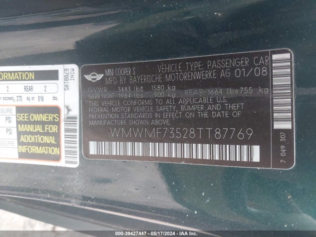 2008 MINI COOPER S WMWMF73528TT87769 Photo 8