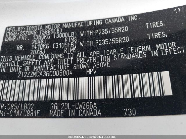 2T2ZZMCA3GC005004 Lexus RX 350