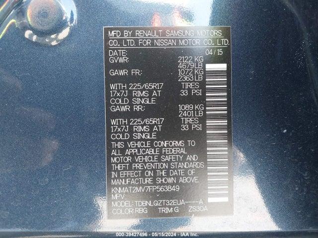 Nissan ROGUE SV 2015 KNMAT2MV7FP563849 Image 9