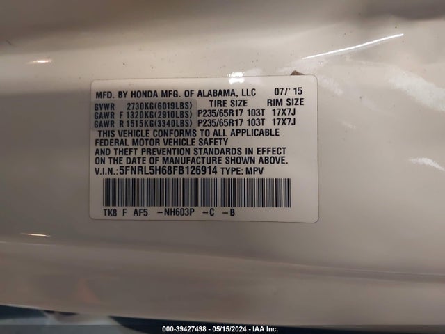 Honda Odyssey Ex-l 2015 5FNRL5H68FB126914 Image 9