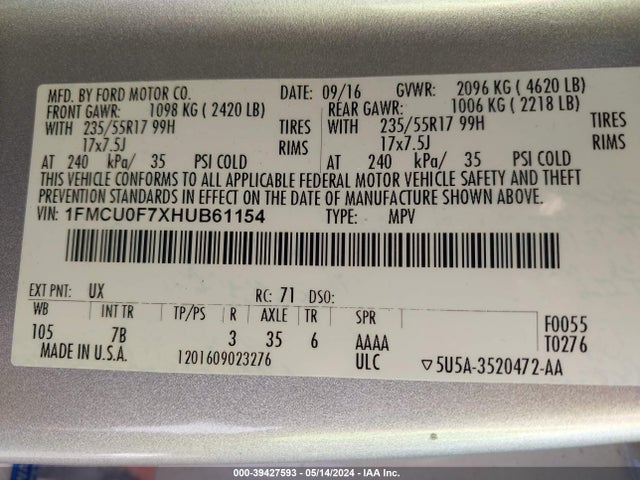 Ford ESCAPE S 2017 1FMCU0F7XHUB61154 Image 9