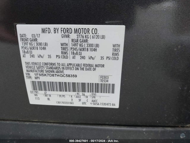 Ford EXPLORER XLT 2017 1FM5K7D87HGC58359 Image 9