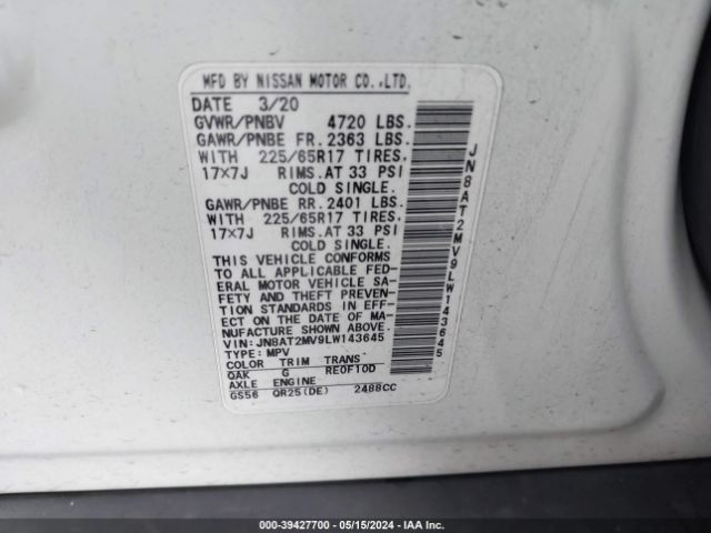 JN8AT2MV9LW143645 Nissan Rogue Sv Intelligent Awd