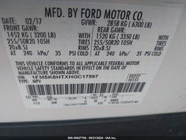 1FM5K8HTXHGC17597 Ford Explorer Platinum