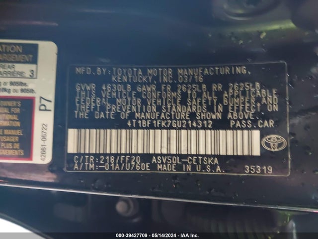 Toyota CAMRY SE 2016 4T1BF1FK7GU214312 Image 9