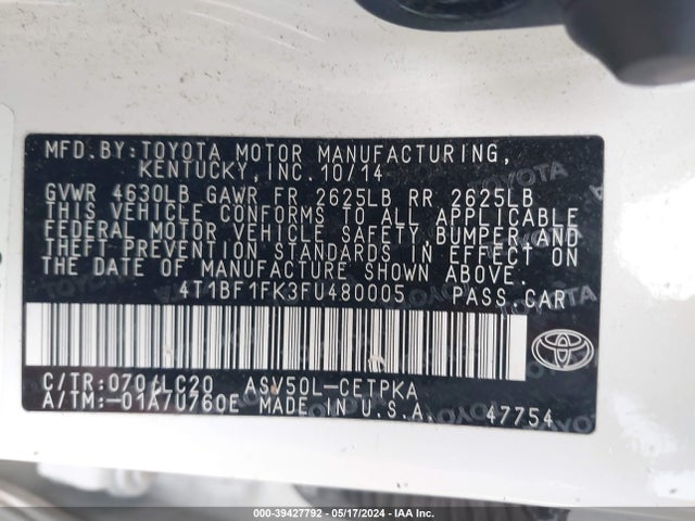 Toyota CAMRY XSE 2015 4T1BF1FK3FU480005 Image 9