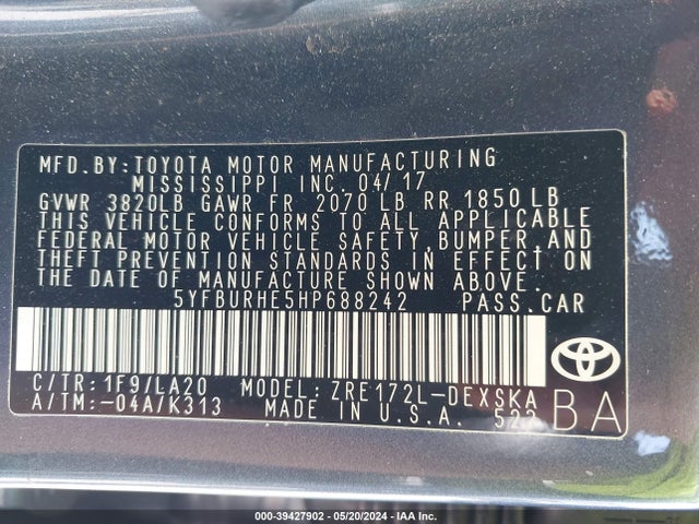 Toyota Corolla Xse 2017 5YFBURHE5HP688242 Image 9
