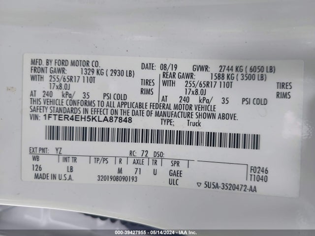 Ford Ranger Xlt 2019 1FTER4EH5KLA87848 Image 9