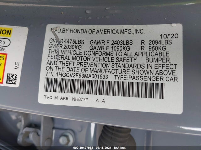 Honda Accord Touring 2021 1HGCV2F93MA001533 Image 9