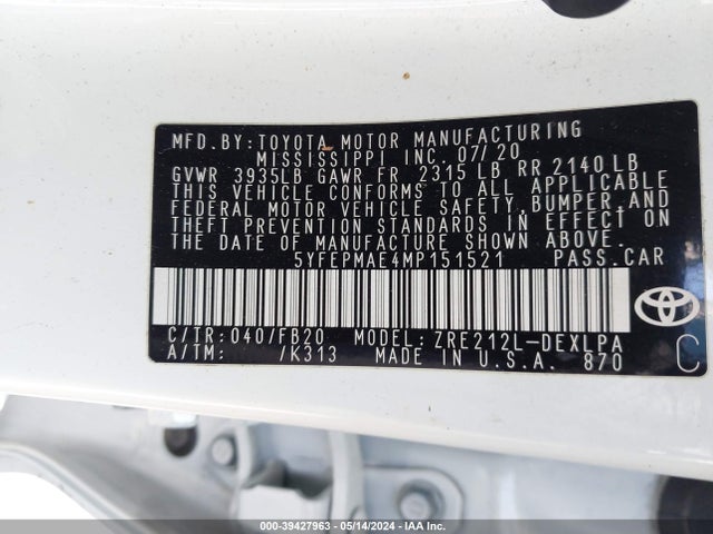 Toyota COROLLA LE 2021 5YFEPMAE4MP151521 Image 9