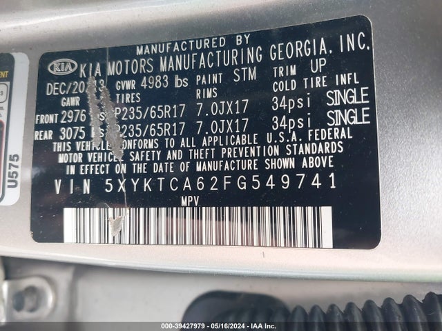 KIA SORENTO LX 2015 5XYKTCA62FG549741 Image 9