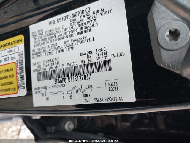 Ford Fusion Hybrid Se 2018 3FA6P0LU1JR127867 Image 9