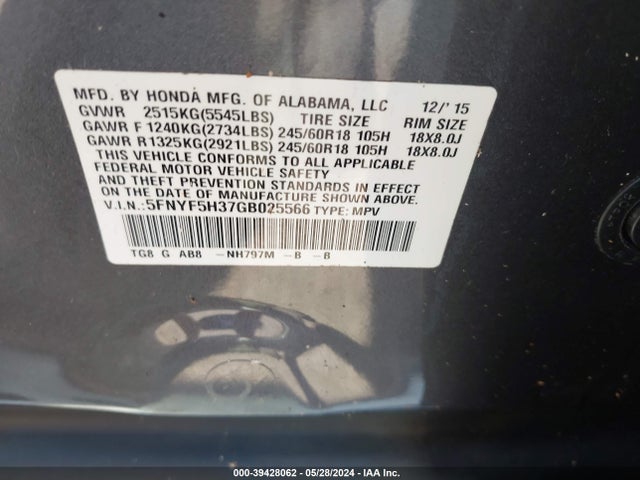 Honda Pilot Ex 2016 5FNYF5H37GB025566 Image 9