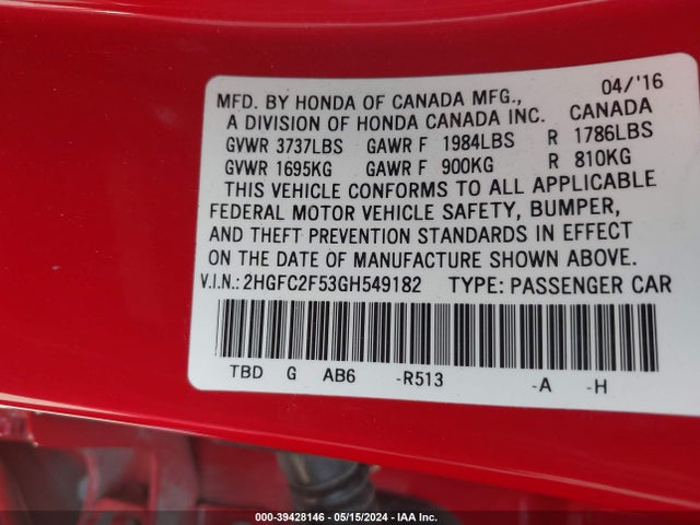 Honda Civic Lx 2016 2HGFC2F53GH549182 Image 9
