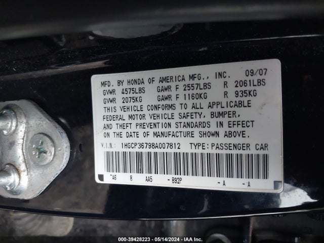 2008 Honda Accord 3.5 Ex მანქანა იყიდება აუქციონზე, vin: 1HGCP36798A007812, აუქციონის ნომერი: 39428223