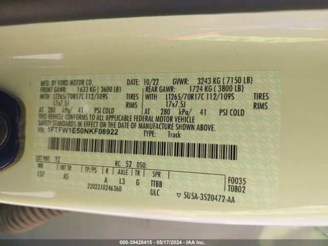 1FTFW1E50NKF08922 Ford F-150 Xl