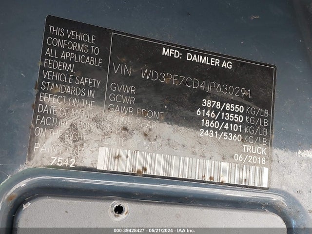 WD3PE7CD4JP630291 Mercedes-Benz Sprinter 2500 Standard Roof V6