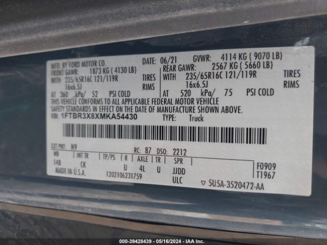 1FTBR3X8XMKA54430 Ford Transit-250 Cargo Van