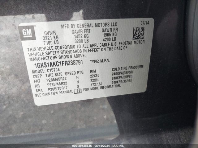 1GKS1AKC1FR238791 GMC YUKON SLE