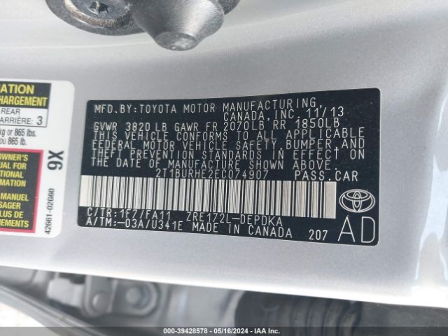 2T1BURHE2EC074907 Toyota COROLLA L