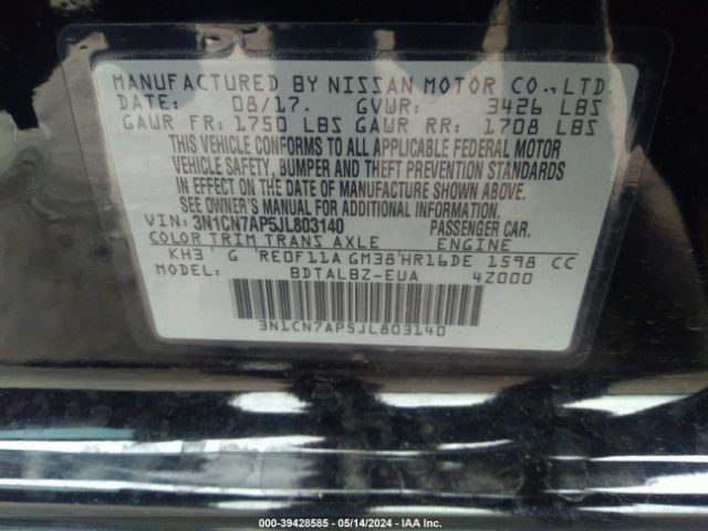 3N1CN7AP5JL803140 Nissan Versa 1.6 Sv