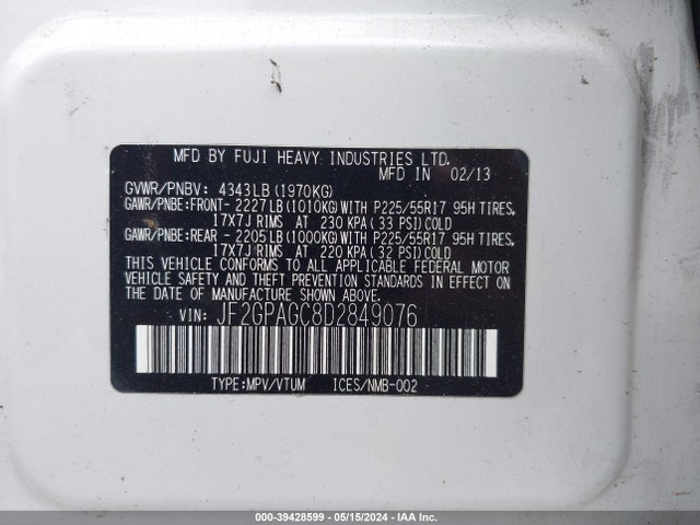Продаж на аукціоні авто 2013 Subaru Xv Crosstrek 2.0i Limited, vin: JF2GPAGC8D2849076, номер лоту: 39428599