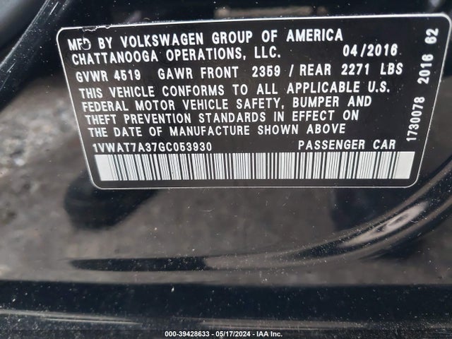 1VWAT7A37GC053930 Volkswagen Passat 1.8t S