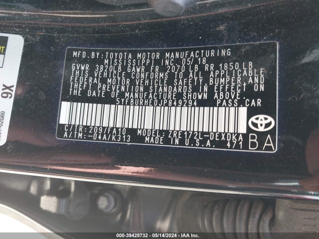 Toyota COROLLA L 2018 5YFBURHE0JP849294 Image 9