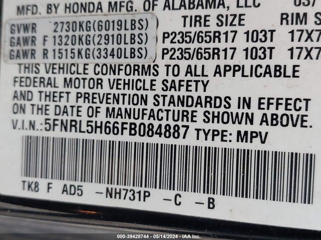 Honda Odyssey Ex-l 2015 5FNRL5H66FB084887 Image 9