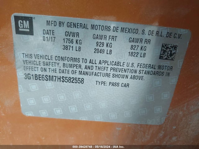 Chevrolet Cruze Lt Auto 2017 3G1BE6SM7HS582558 Image 9
