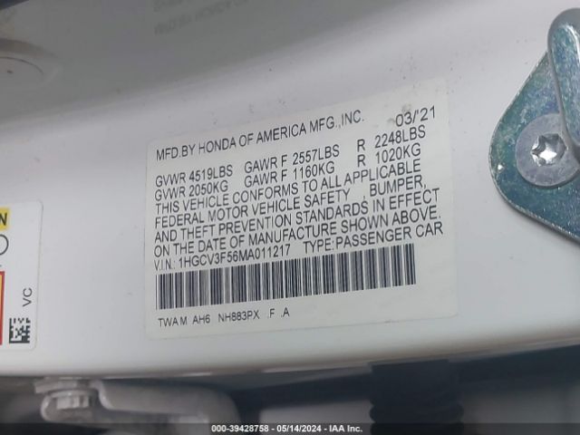 1HGCV3F56MA011217 Honda Accord Hybrid Ex-l