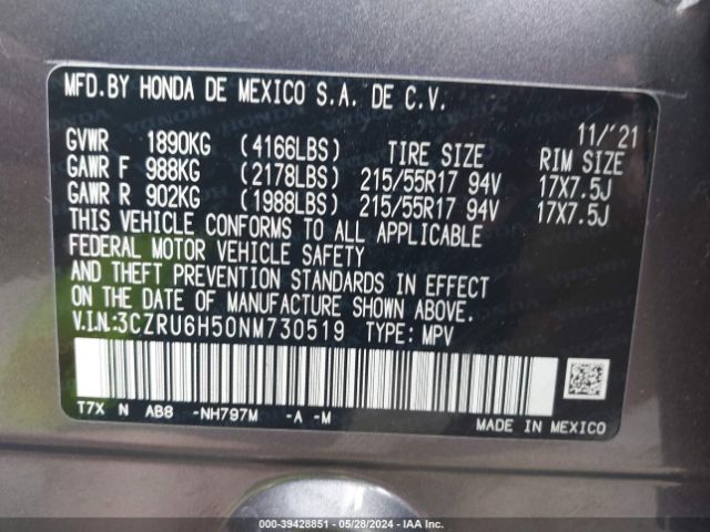 3CZRU6H50NM730519 Honda Hr-v Awd Ex