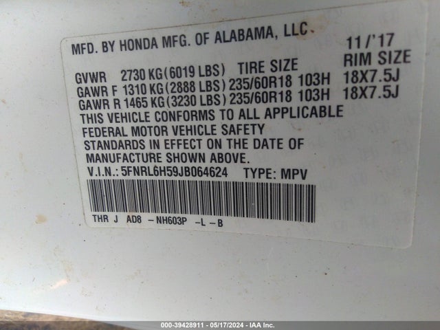 Honda ODYSSEY EX 2018 5FNRL6H59JB064624 Image 9