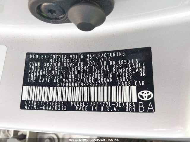 Toyota COROLLA LE 2019 5YFBURHE9KP927363 Image 9