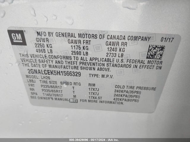 Chevrolet EQUINOX LT 2017 2GNALCEK5H1566329 Image 9