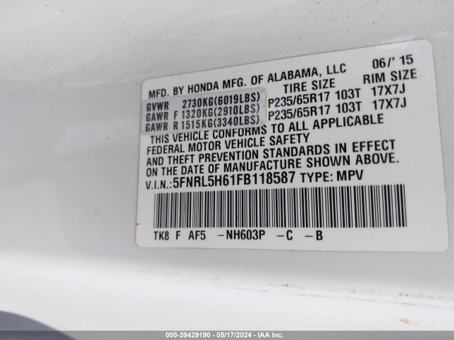 Honda Odyssey Ex-l 2015 5FNRL5H61FB118587 Image 9